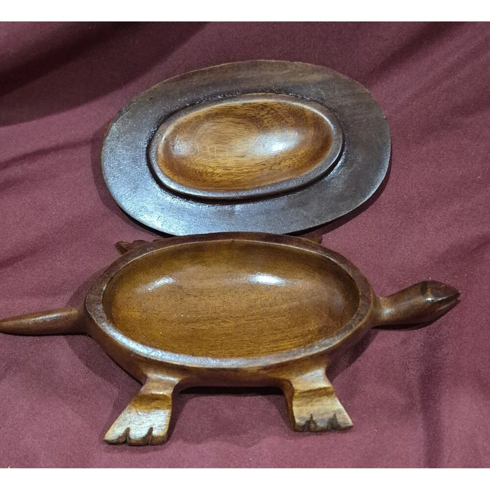 Vintage Hand Carved Wood Turtle Trinket Box 7